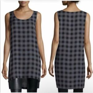Eileen Fisher 100% Silk Gray Black Buffalo Check Plaid Sleeveless Tunic
